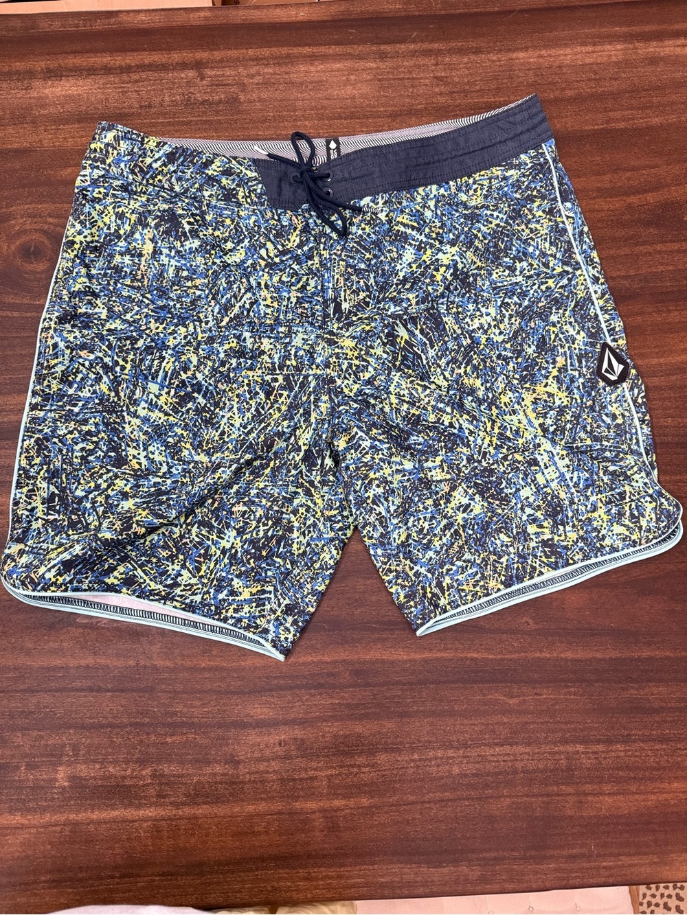 Volcom Men’s Navy and Yellow Abstract Board Shorts